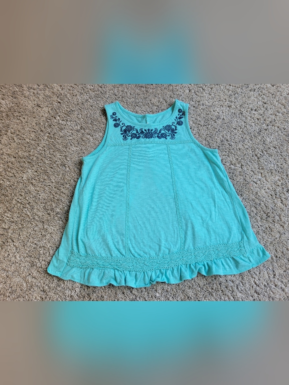 Justice Aqua Tank Top with Navy Floral Embroidery Size 12